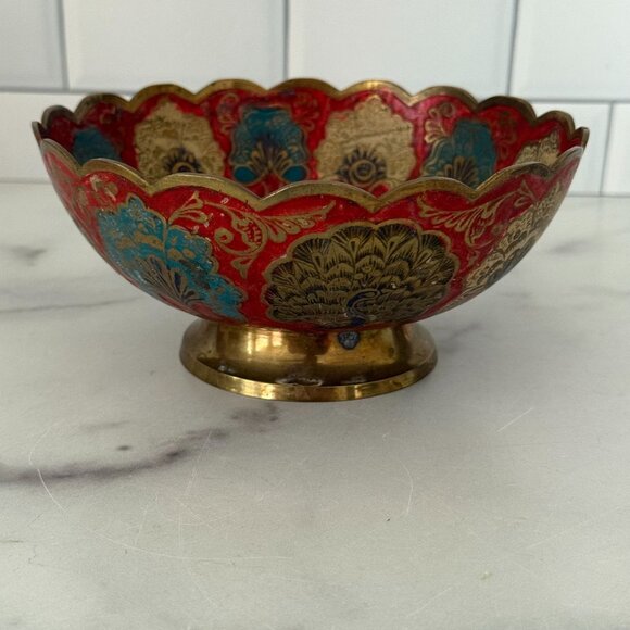 Handcrafted Brass Bowl With Scalloped Edges & Peacock Design In Red/Blue/Gold - Picture 4 of 7